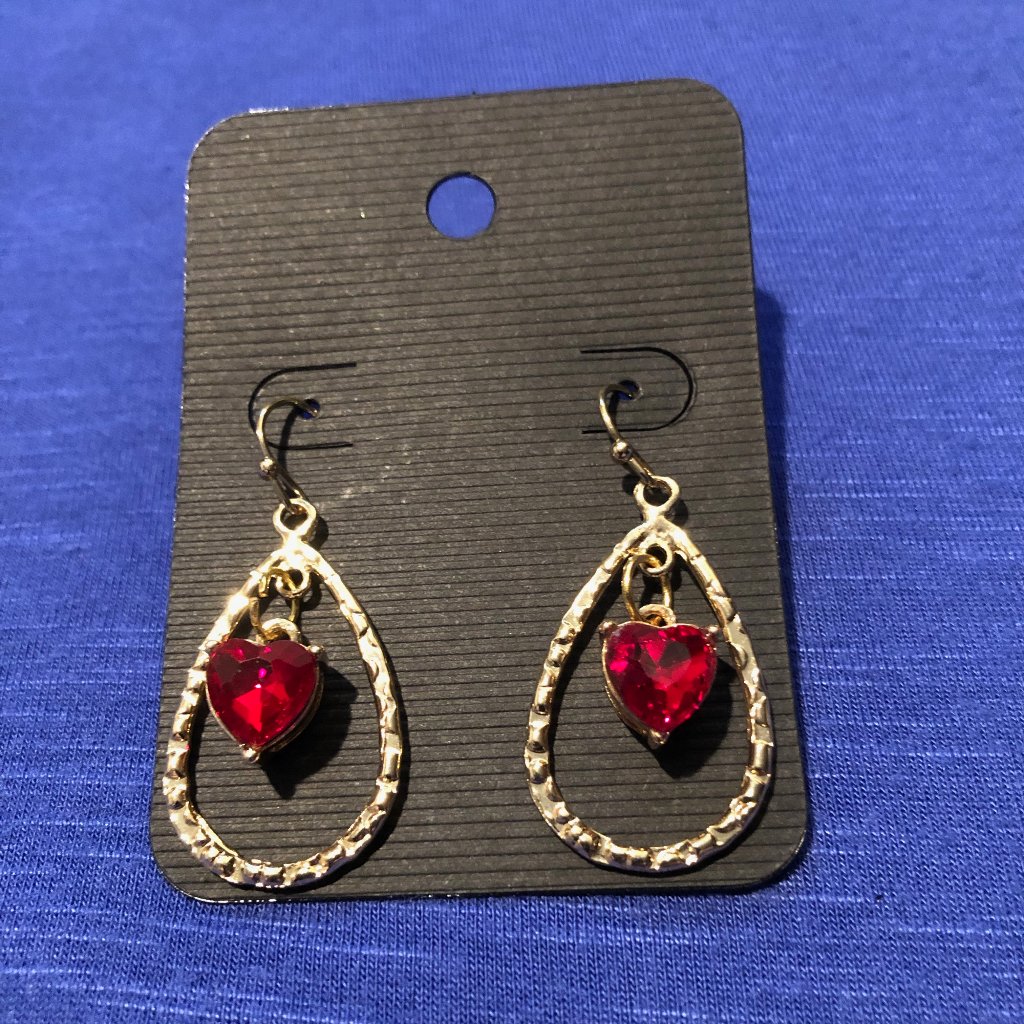 Red Heart And Gold Oval Hoop Earrings